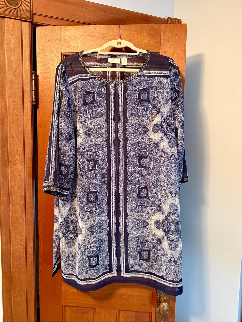Chico's Navy and White Paisley Tunic - 3/4 Sleeve
